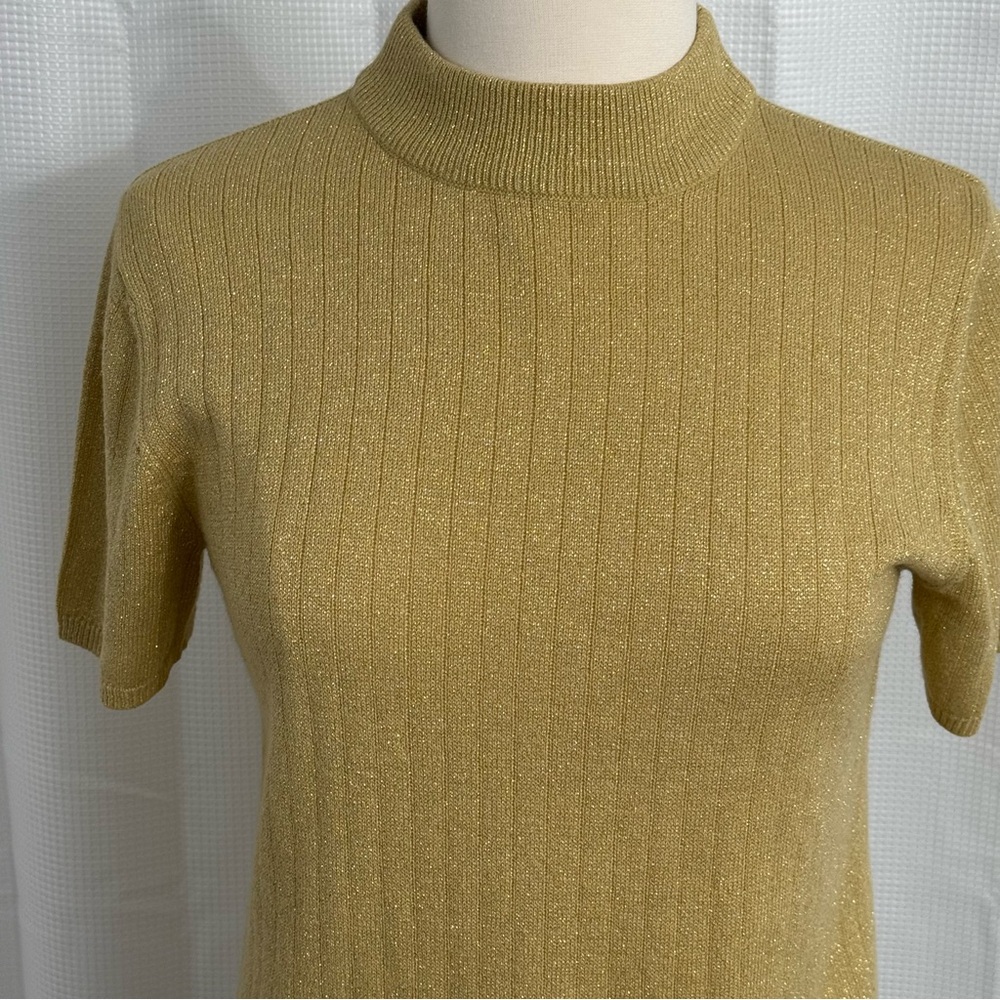 Sag Harbor Petite Womens Short Sleeve Pull-on Metallic Gold Ribbed Sweater, Sz S - Picture 2 of 5